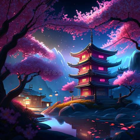 Night Landscape with Japanese Pagoda and Cherry Blossom. Vector ...