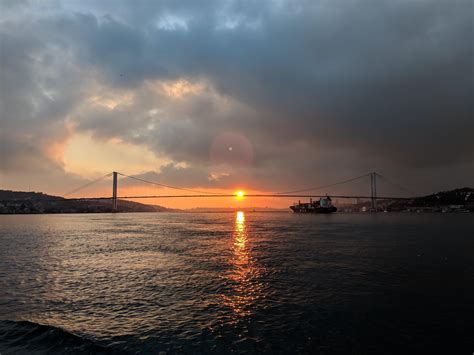 Sunset over the Bosphorus, and the Bosphorus Bridge that connects the European and Asian sides ...