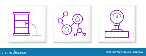 Set Line Gauge Scale, Barrel Oil Leak and Molecule Icon. Vector Stock Illustration ...