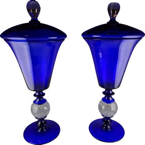 Rare Pair Of Cobalt Blue Pairpoint Glass Tall Lidded Urn Vases - Controlled Bubble Stems | Vasos