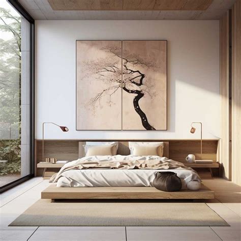 a bed sitting under a painting on top of a wooden wall next to a window