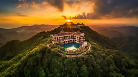 Premium AI Image | A luxurious hilltop resort with an infinity pool that blends into the sunset ...