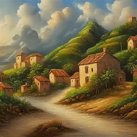 an oil painting of a small village near the sea