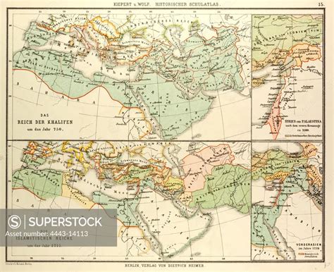 MAP OF THE UMAYYAD CALIPHATE EMPIRE IN 750 AND THE ISLAMIC EMPIRE IN 1215 - SuperStock