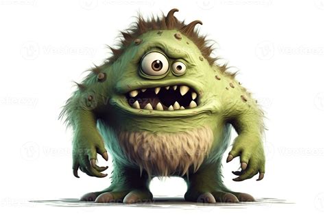 Funny green cartoon monster on white background. Scary creature. Cute Halloween character ...