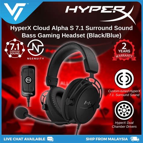 HyperX Cloud Alpha S Gaming Headset 7.1 Surround Sound Bass (Black/Blue ...