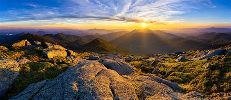 Mt Marcy summit 180 degree sunset panorama from Skylight to Algonquin to Whiteface ...