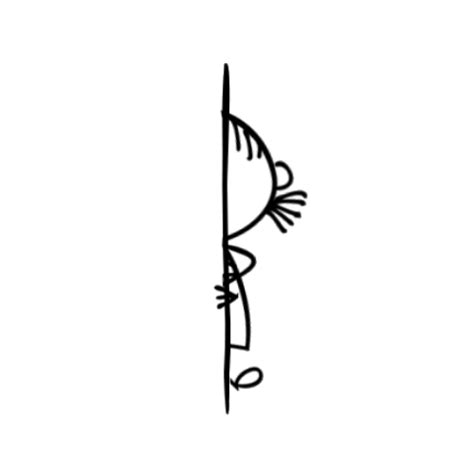 a black and white drawing of a cat peeking out from behind a pole with its head in the corner