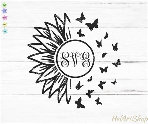 Sunflower monogram svg, Sunflower Butterfly svg, flower monogram svg, By HelArtShop | TheHungryJPEG