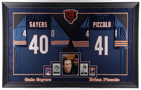 Gale Sayers & Brian Piccolo Signed 40.5x64.5 Custom Framed Photo Display with (2) Jerseys (JSA ...