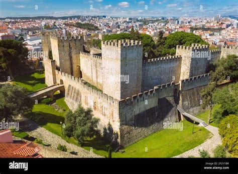 Aerial view of Sao Jorge castle or St. George castle at Lisbon city ...