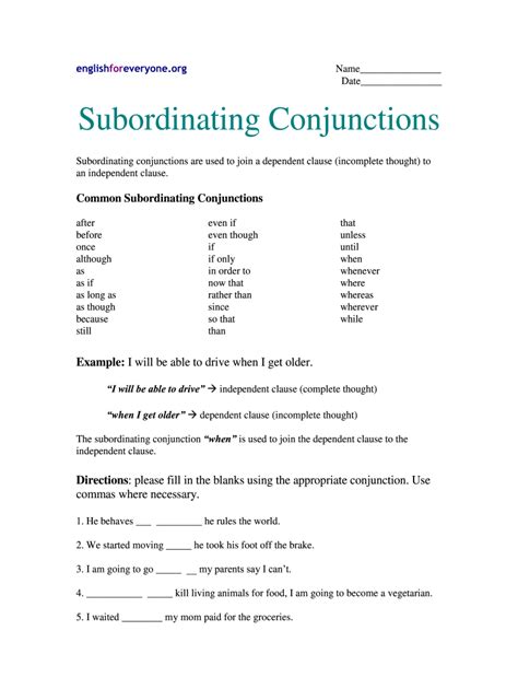 Subordinate Conjunctions Worksheets