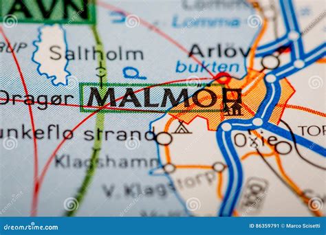 Malmo City on a Road Map stock image. Image of magnification - 86359791