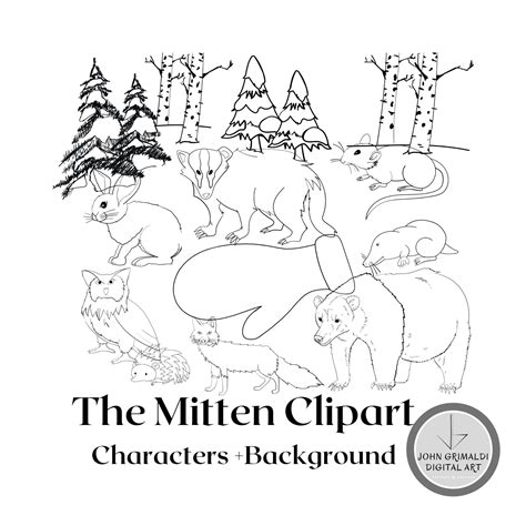 The Mitten by Jan Brett, Characters, Mitten, and Background Clipart 20 Piece Set, 10 Color, 10 ...