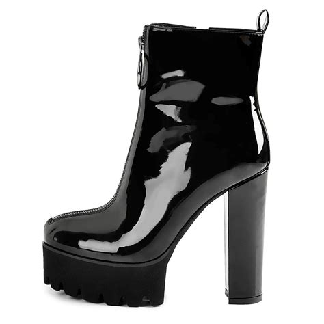 Round Toe Black Patent Leather Platform Chunky High Heel Ankle Boots – Onlymaker