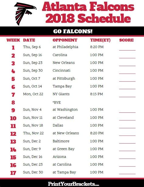 Atlanta Falcons Printable Schedule