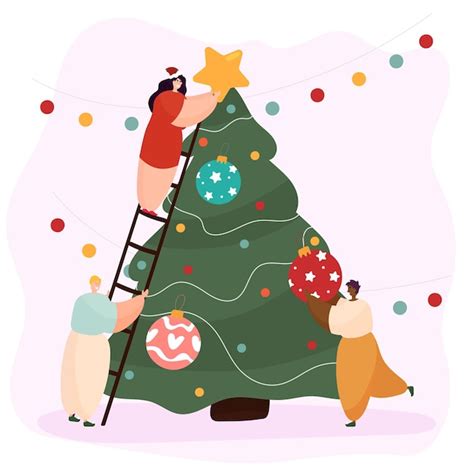 Premium Vector | Friends decorate christmas tree for christmas