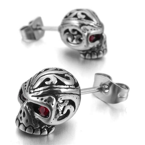 Metal Red Eyes Skull Cubic Zirconia Crystal Earrings – Heavy Metal Armor