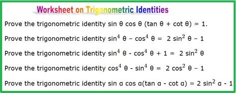 Worksheet on Trigonometric Identities | Establishing Identities |Hints