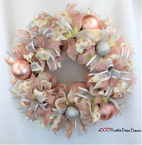 Rose Gold Wreath, Rose Gold Christmas Wreath, Rose Gold Decor, Christmas Wreath, Deco Mesh ...