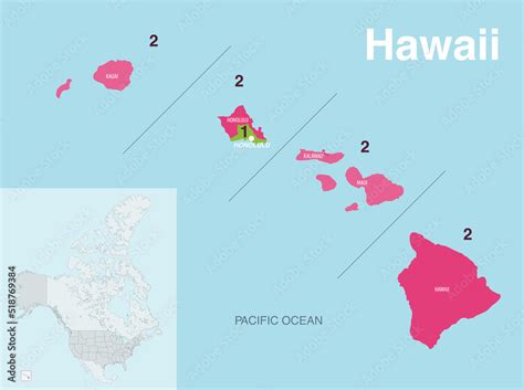 Hawaii state counties colored by congressional districts vector map with neighbouring states and ...