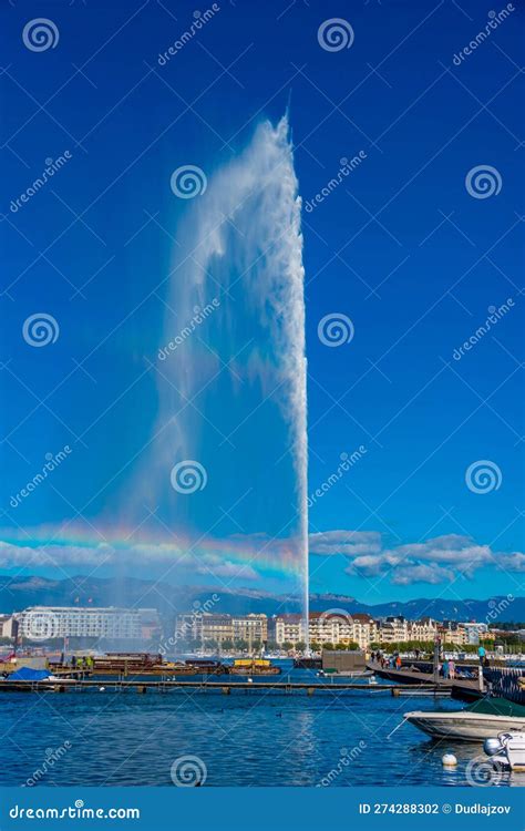 Jet D Eau Fountain in the Swiss City Geneva Stock Photo - Image of ...