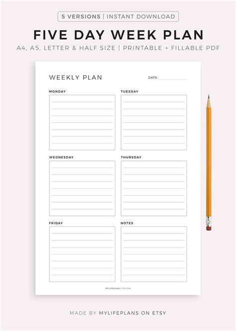 Five Day Weekly Planner Printable, Student Planner, Desk Organizer, Weekly Schedule, Weekly ...