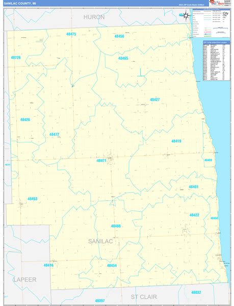 Sanilac County, MI Zip Code Wall Map Basic Style by MarketMAPS - MapSales