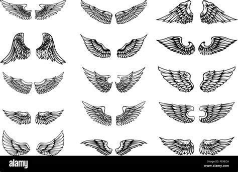 Set of bird wings illustrations in tattoo style. Design element for emblem, sign, logo, label ...