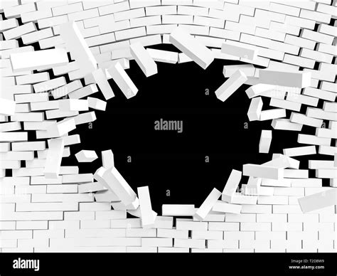 3d rendering of white brick wall explosion and black background Stock ...