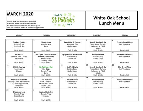 Lunch Menu – White Oak School