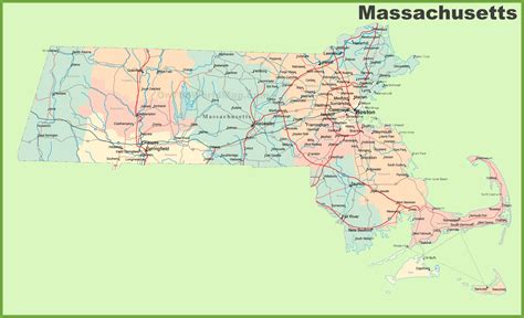 Road map of Massachusetts with cities