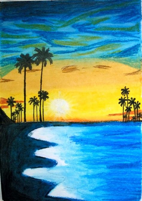 Sunset Beach Oil Pastel Drawing