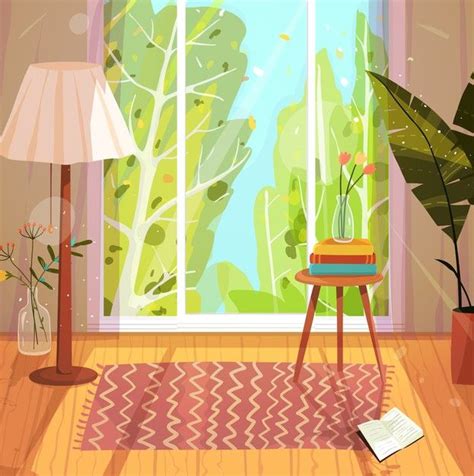 a living room with a large window and plants in vases on the side table