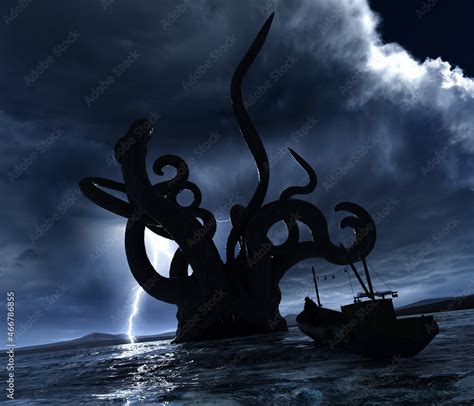 3d illustration of a giant sea monster with tentacles rising up out of ...