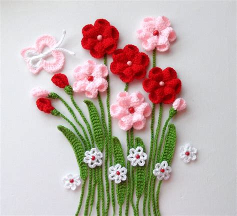 Crochet Applique Flowers and Leaves Set Flowers in the - Etsy | Crochet flowers, Crochet flower ...