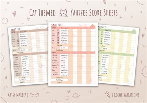 Cat Themed Yahtzee Score Sheets Yahtzee Printable Score Cards Yahtzee Score Sheets Printable ...