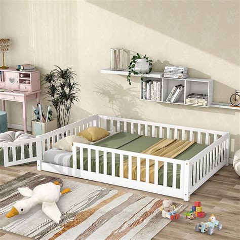 (Free Shipping)Twin Floor Bed Frame for Toddler, Montessori Floor Bed with Fence and Wood Slats ...