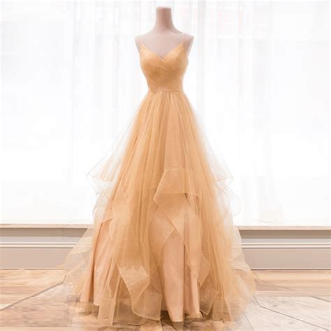 Shiny gold v neck tulle long prom dress, evening dress on Storenvy