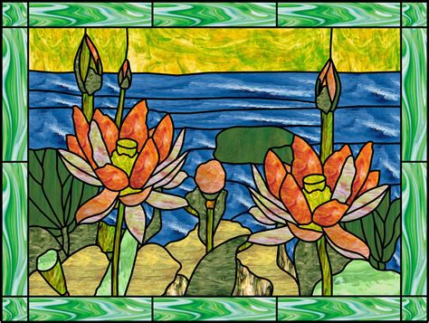 Lovely Lotus Flowers & Lake Leaded Stained Glass Window Panel | Vitrail et Fleurs