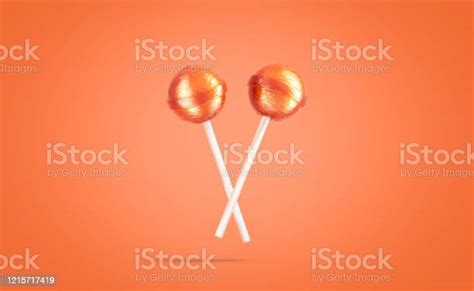 Blank Two Caramel Lollipop Mockup No Gravity Orange Background Stock Photo - Download Image Now ...