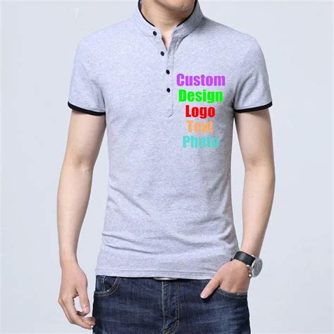 Custom Made Logo Photo Text Printed Men T shirt buttons up stand collar ...