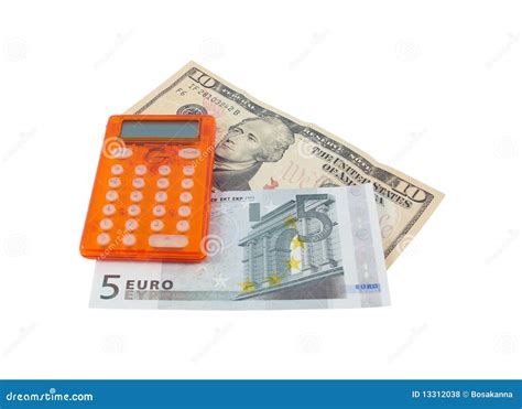 Calculator with 5 Euro and 10 Dollar Banknotes Stock Photo - Image of ...