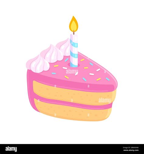 Cartoon birthday cake slice with candle, pink frosting and sprinkles. Happy Birthday greeting ...