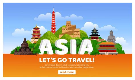 Asian Travel Detailed Web Banner with Famous Asian Landmarks. Stock ...