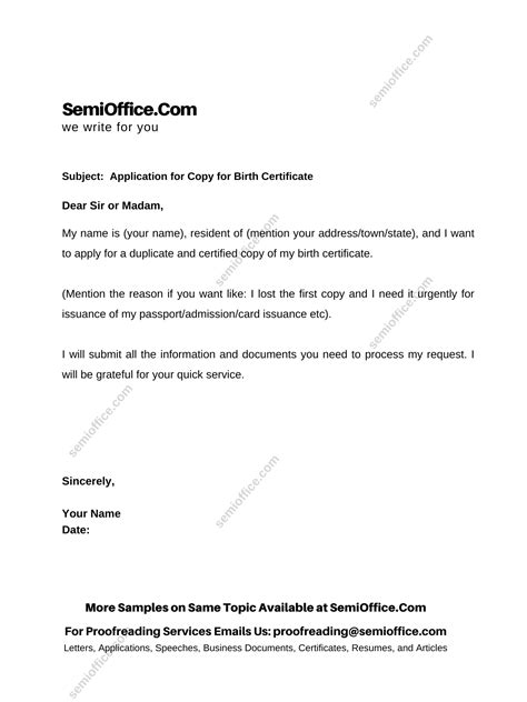 Application for Duplicate Birth Certificate Letter | SemiOffice.Com