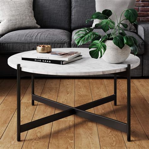 Nathan James 31501 Piper Faux Marble Round Modern Living Room Coffee Table with Metal Frame ...