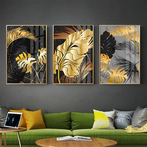 Black Golden Leaf Canvas Painting Nordic Plants Posters and Print Abstract Wall Art Wall ...