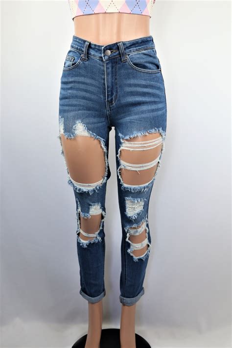 Landen Ripped Jeans - Blue high waist cuff distressed jeans