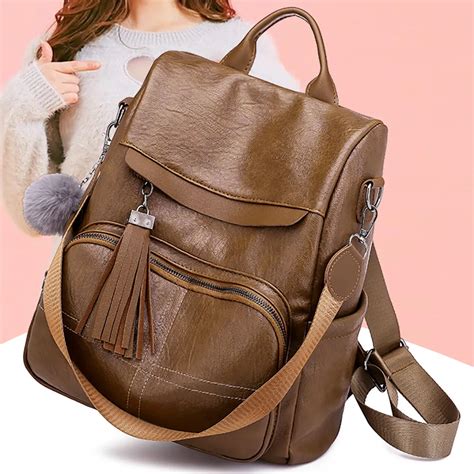 Women PU Leather Backpack Anti theft Shoulder Bag Tide Wild Leather ...